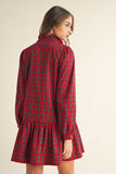 Red Plaid Ruffle Neckline Dress