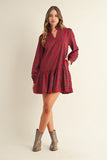 Red Plaid Ruffle Neckline Dress