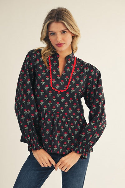 Black Floral Peplum Top