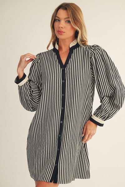 Black Stripe Ruffle Neck Dress