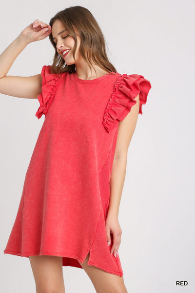 Umgee Red Mineral Wash Ruffle Dress