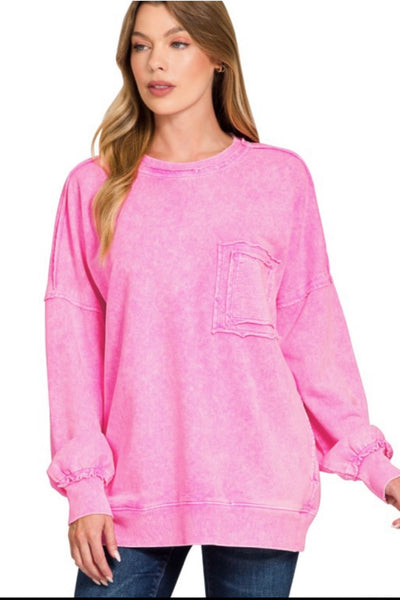 Hot Pink Acid Wash Pullover with Pockets