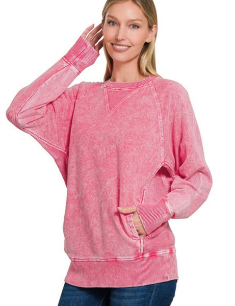 Red Acid Wash Pullover with Pockets