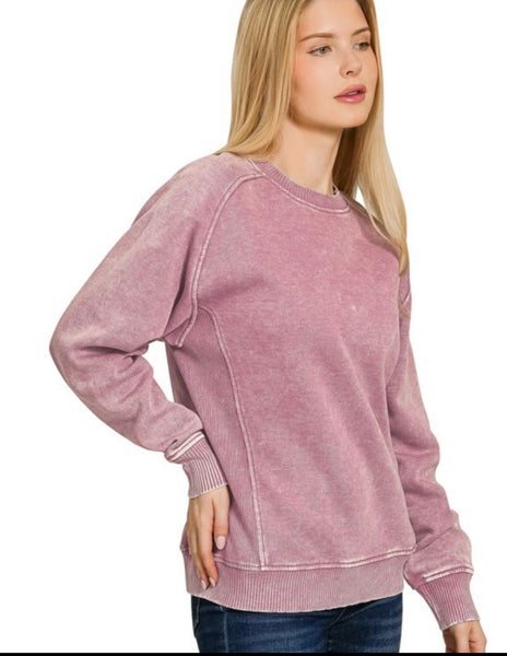 Rose Pink Acid Wash Pullover with Pockets