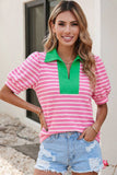 Blue Striped V Neck Short Sleeve Top