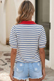 Blue Striped V Neck Short Sleeve Top
