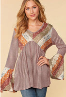 Burgundy and Olive Stripe Patchwork Bell Sleeve Top