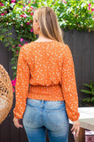Rust Vneck Floral Smock Top with Button Detail