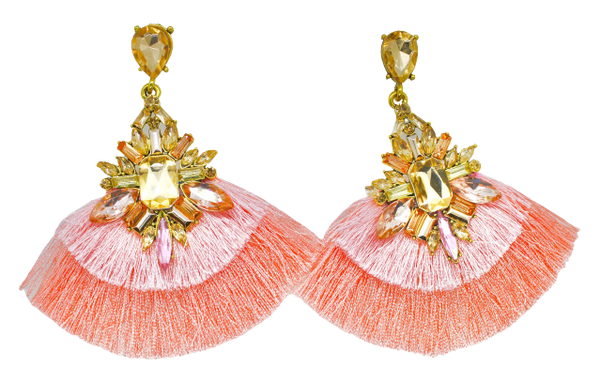 Pink Rhinestone Layered Tassel Drop Earrings