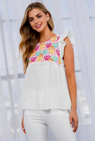White Multicolor Embroidered Babydoll Top