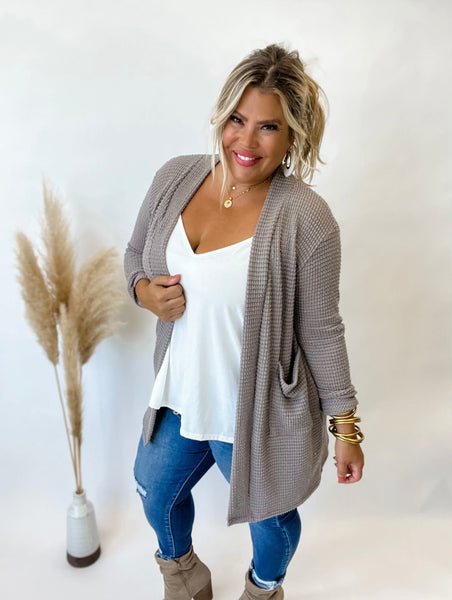 Taupe Waffle Cardigan in One Size and One Size Plus