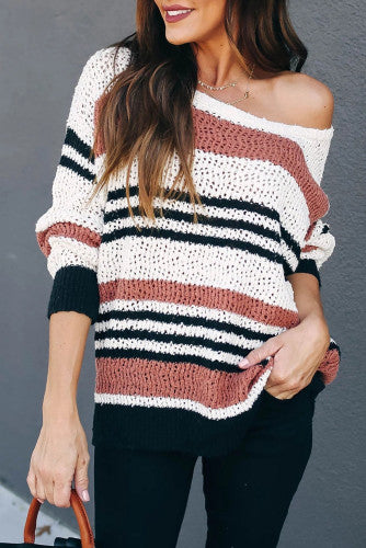 White and Camel Stripe Knit Sweater