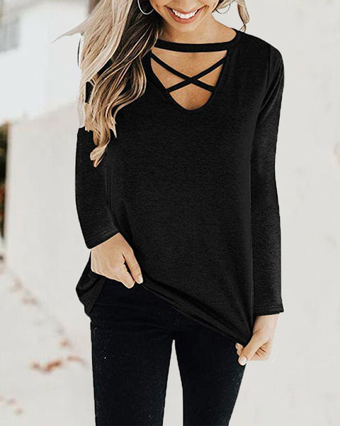 Bandage Long Sleeve Solid Casual Top