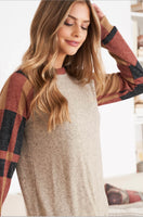 Rust Taupe and Black Plaid Raglan Top