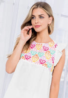 White Multicolor Embroidered Babydoll Top