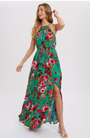 Kelly Green Halter Floral Maxi Dress