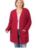 Red Popcorn Cardigan with Pockets Plus