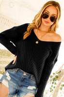 Black Drop Shoulder Ribbed Vneck Sweater