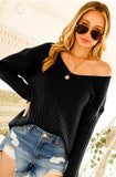 Black Drop Shoulder Ribbed Vneck Sweater