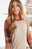Rust Taupe and Black Plaid Raglan Top