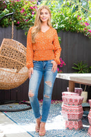 Rust Vneck Floral Smock Top with Button Detail