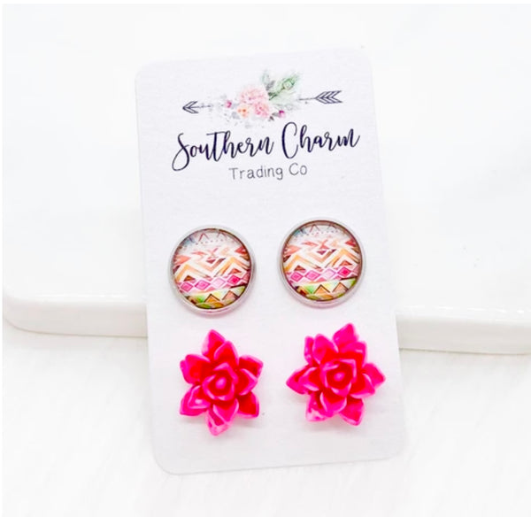 Bright Aztec & Hot Pink Succulent Earrings