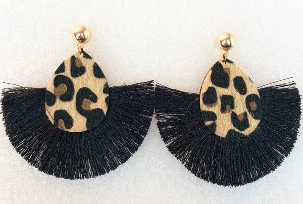Black Leopard Tassel Drop Earrings