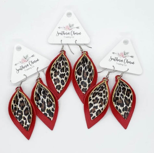 Chocolate Leopard and Deep Red Petal Earrings