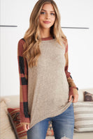 Rust Taupe and Black Plaid Raglan Top