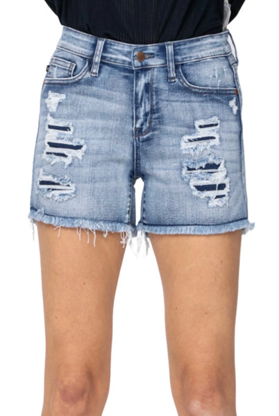 Judy Blue Patch Distressed Mid-Rise Shorts