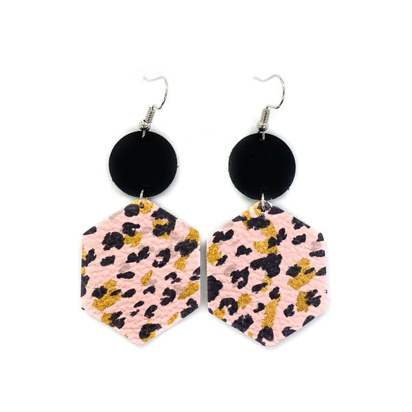 Pink, Black and Gold Leopard Dangle Earrings