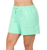Mint Green Cotton Drawstring Shorts with Pockets Plus