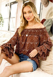 Chocolate Off Shoulder Ruffle Detail Sleeve Top