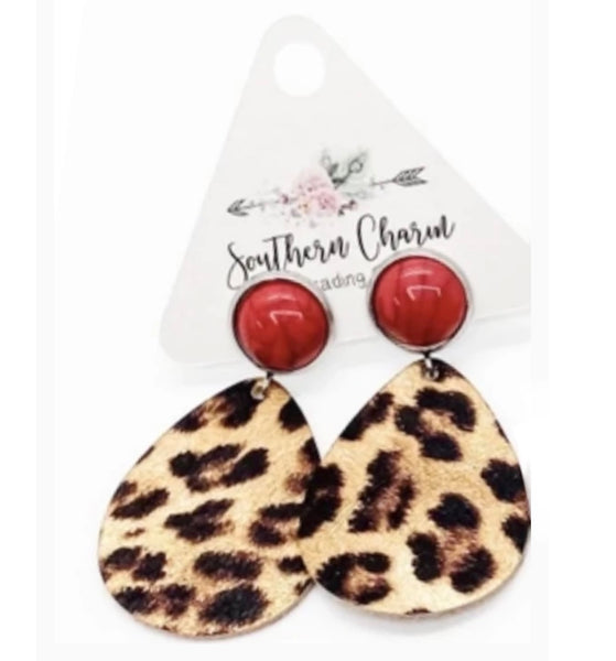Red Turquoise & Metallic Leopard Earrings