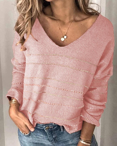 Pink Casual Striped V-neck Knit Sweater