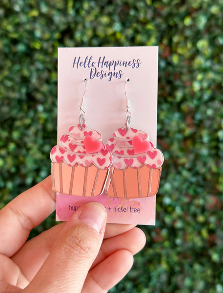 Pink Heart Cupcake Earrings