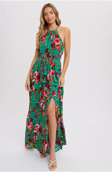 Kelly Green Halter Floral Maxi Dress