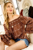 Chocolate Off Shoulder Ruffle Detail Sleeve Top
