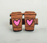 Heart Coffee Cup Wood Stud Earrings