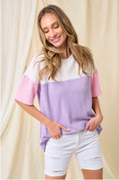 Ivory Pink and Lavender Ribbed Colorblock Top