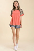 Coral Leopard Sleeve Top